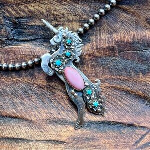 925 Sterling Silver Pink Conch & Turquoise Unicorn Pendant